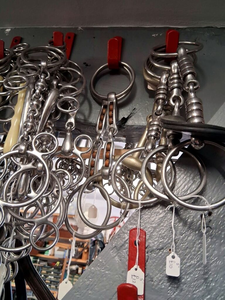Close-up of stainless steel horse bits for sale at The Newark Saddler