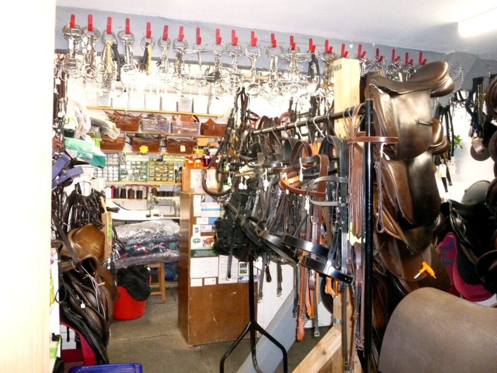 The Newark Saddler shop interior, packed with saddles, bridlework and stainless steel bits
